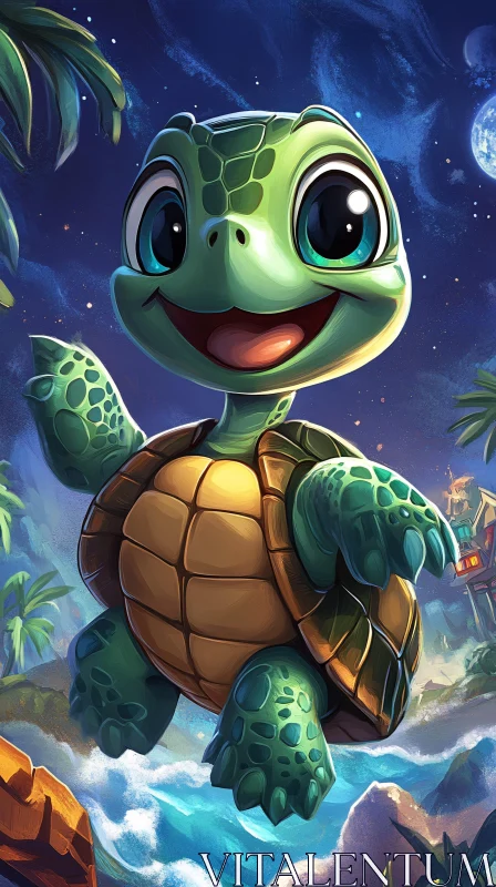 AI ART Adventurous Cartoon Turtle Under Moonlit Sky