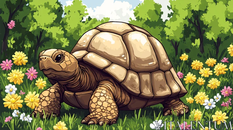 AI ART Nature Illustration of Turtle with Flowers