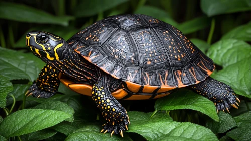 Colorful Turtle Amidst Green Leaves