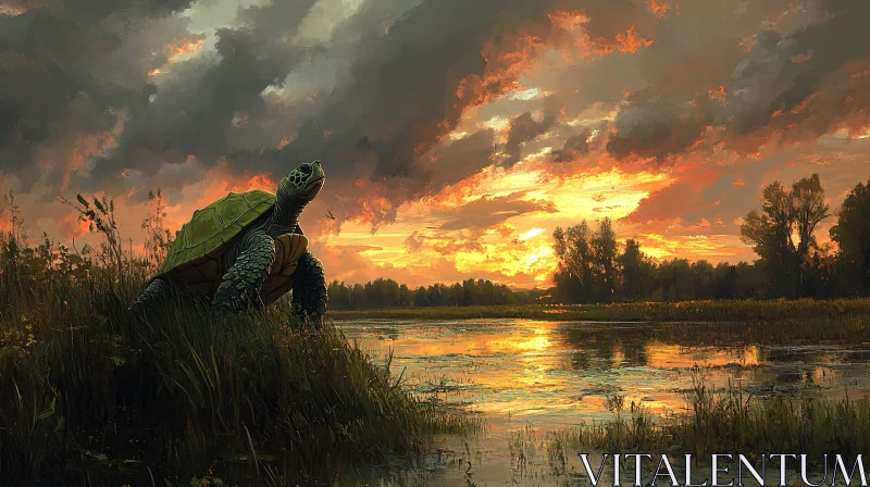 AI ART Serene Sunset Scene with Turtle