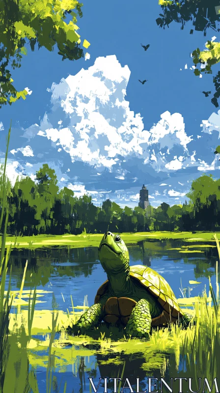 Turtle in a Scenic Pond Landscape AI Image