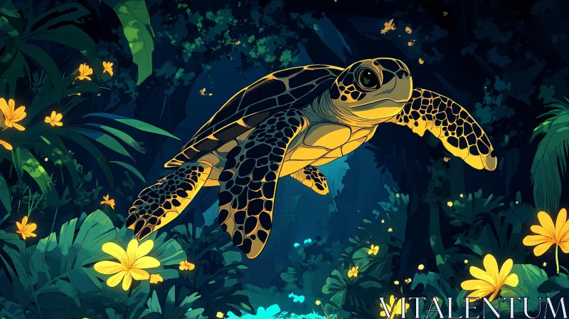 AI ART Glowing Turtle Amidst Forest Foliage