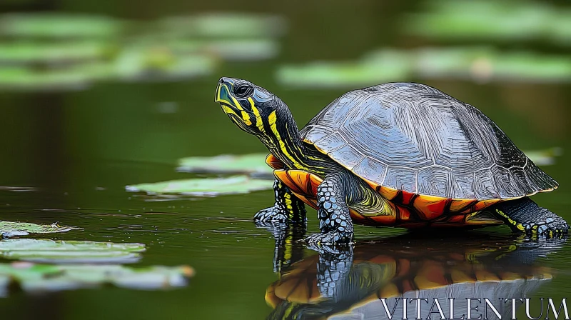 Serene Turtle by the Lily Pads AI Image