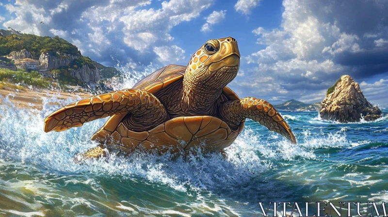 AI ART Sea Turtle Breaching Waves