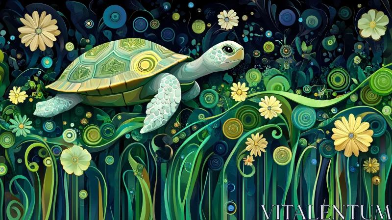 AI ART Turtle amidst Swirling Floral Patterns