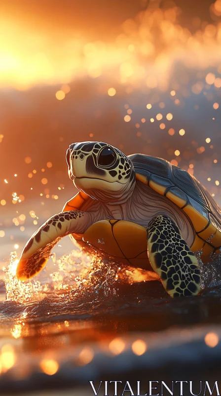 AI ART Turtle in Golden Waves