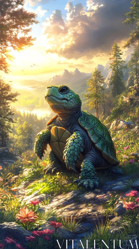 Turtle in Sunlit Forest Scene