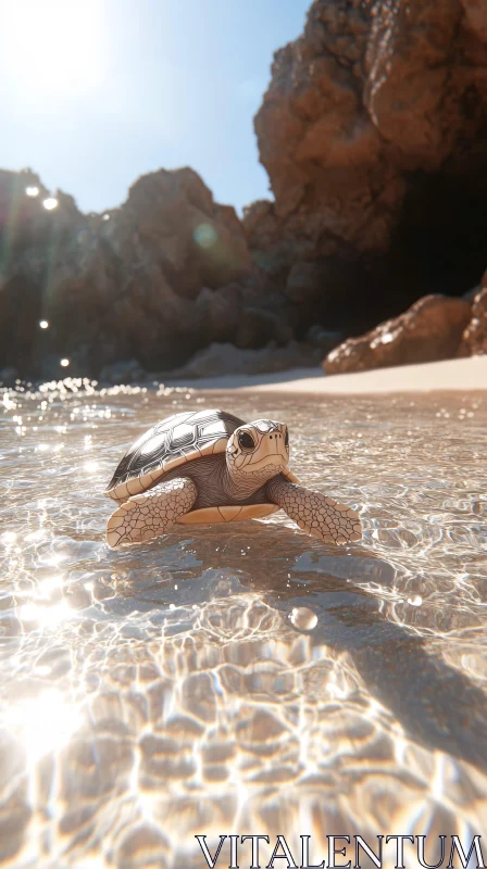 AI ART Tranquil Beach Scene with a Turtle