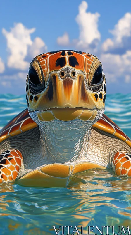 AI ART Marine Turtle Surfaces in Ocean