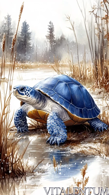 AI ART Blue-Shelled Turtle in Snowy Landscape