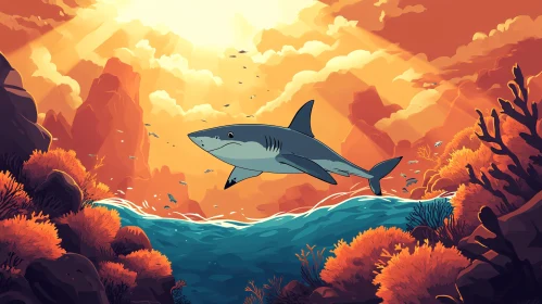 Sunset Marine Life with Shark