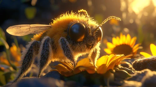 Macro Shot of a Furry Bee in Sunlit Garden