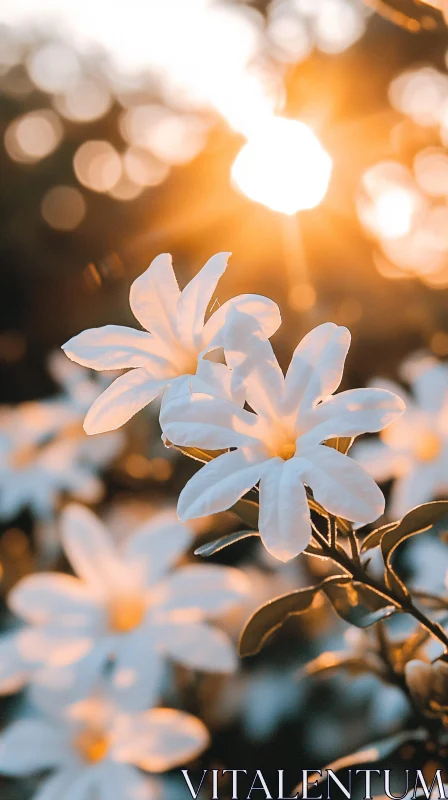 White Flowers Glowing in Evening Sunlight AI Image