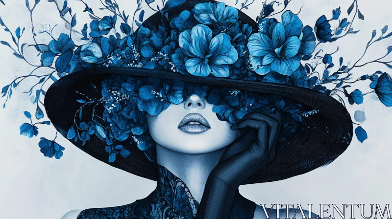 AI ART Mystery Woman in Blue Flowers