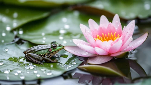 Frog and Water Lily in Tranquil Pond Scene