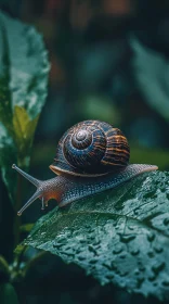 Snail on Green Leaf with Dew