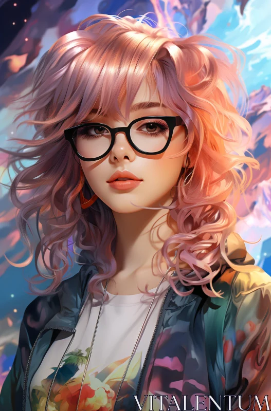 AI ART Young Woman with Pink Hair and Stylish Glasses in Digital Art