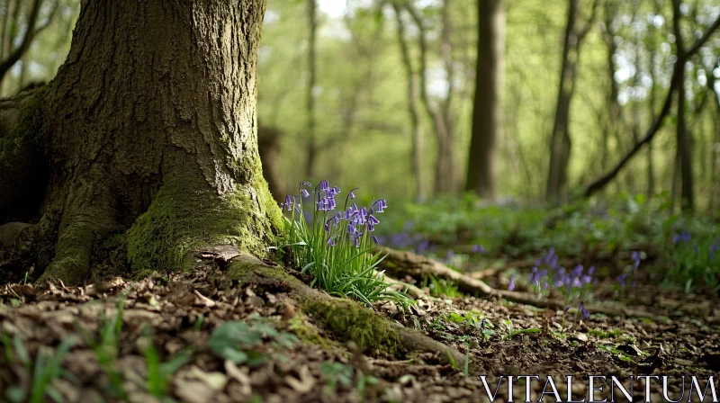 Serene Woodland with Mossy Tree and Delicate Purple Blooms AI Image