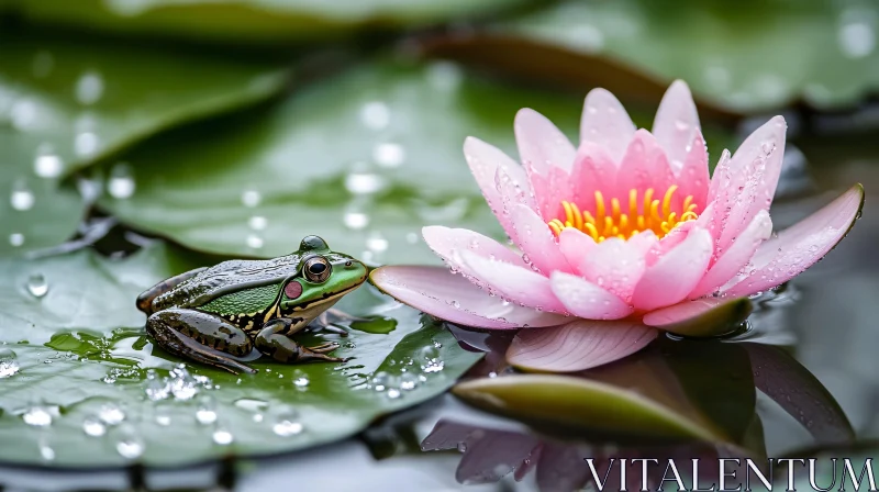 AI ART Frog and Water Lily in Tranquil Pond Scene