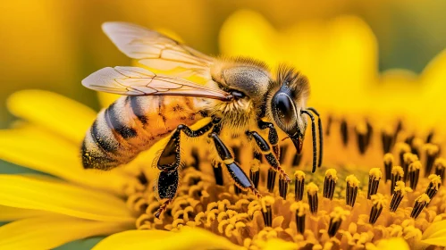 Bee and Sunflower Macro Shot