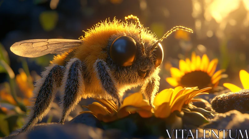 AI ART Macro Shot of a Furry Bee in Sunlit Garden