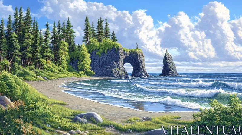 Coastal Beach and Lush Forest with Rock Formations AI Image