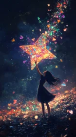 Surreal Scene of Girl and Glittering Star