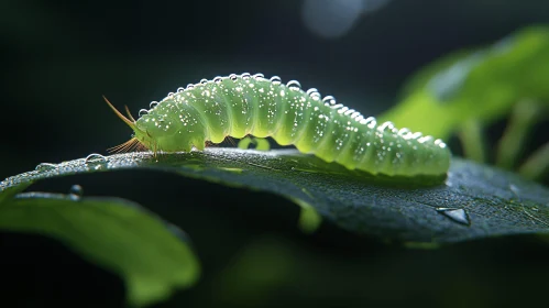 Close-Up of Dew-Covered Green Caterpillar on Leaf