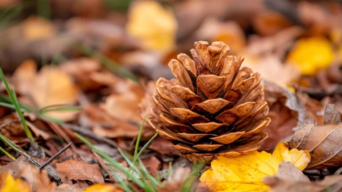 Detailed Macro of Pine Cone Amidst Autumn Leaves