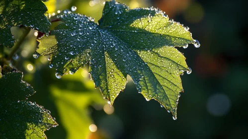 Leaf with Dew Drops in Sunlight