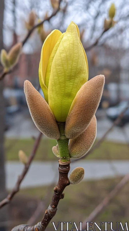 Yellow Magnolia Bud Close-Up AI Image