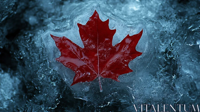 AI ART Red Maple Leaf Frozen in Ice