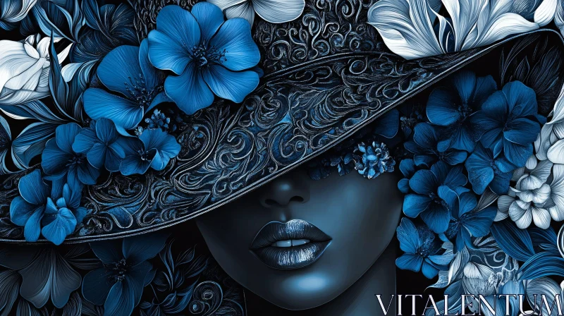 AI ART Mystical Floral Hat Portrait in Blue Tones