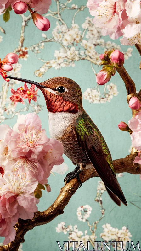 AI ART Vivid Hummingbird on Blossoming Branch