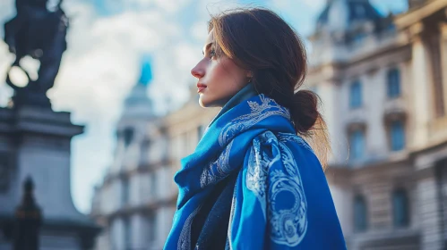 Woman with Blue Scarf in Urban Setting