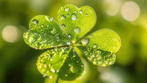 Green Clover Leaf Adorned with Dew Drops