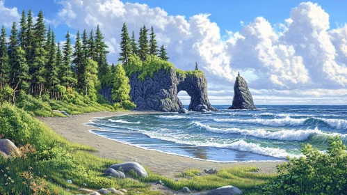 Coastal Beach and Lush Forest with Rock Formations