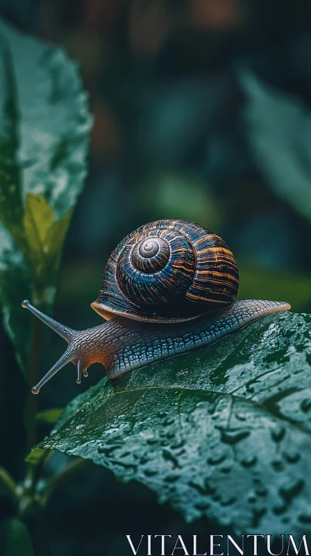 Snail on Green Leaf with Dew AI Image