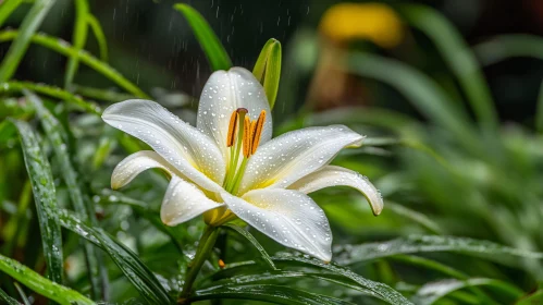 Elegant White Lily Blooming with Raindrops