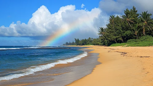 Scenic Beach with Rainbow and Lush Palm Trees