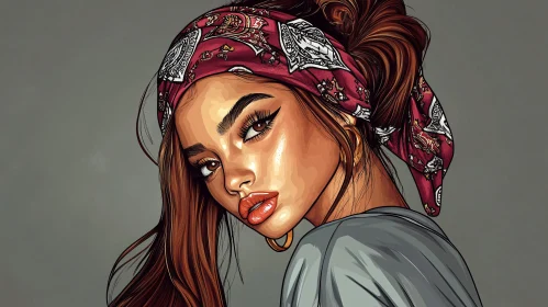 Artistic Woman Illustration with Patterned Headscarf