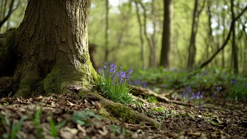 Serene Woodland with Mossy Tree and Delicate Purple Blooms