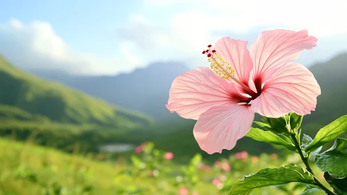 Blooming Pink Hibiscus with Green Hills