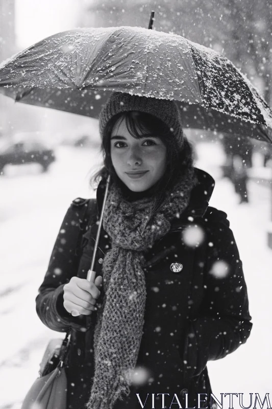 Winter Portrait of Woman with Umbrella in Snow AI Image