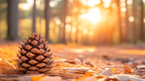 Autumn Pinecone in Sunlit Forest