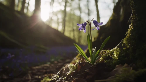 Bluebells in Sunlit Forest