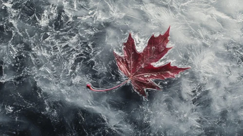 Vivid Red Leaf on Frosty Ice