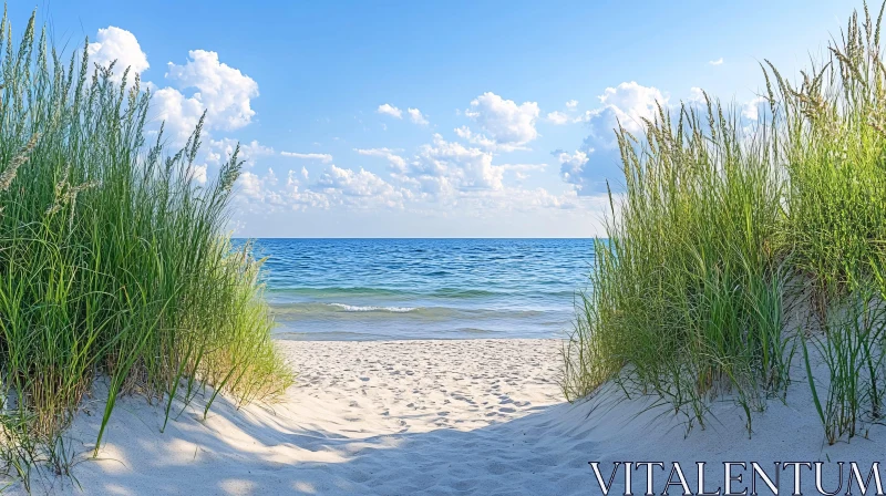 Tranquil Coastal View with Sandy Path and Green Grass
