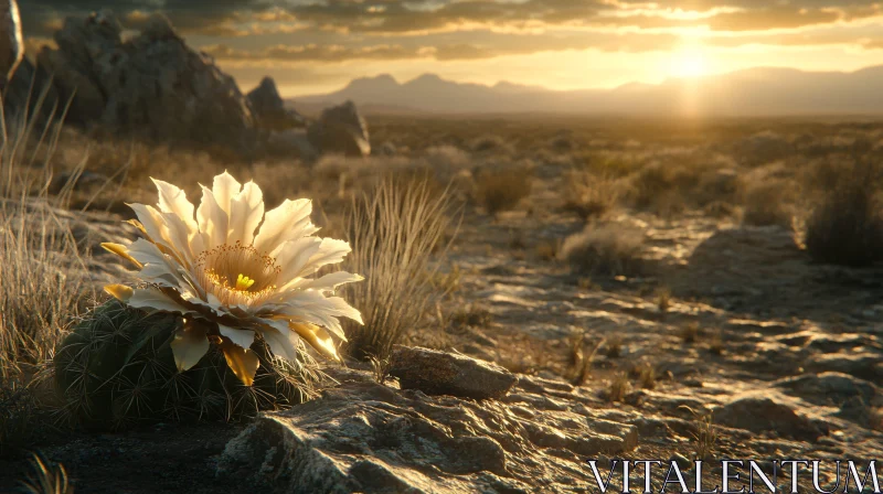 Golden Hour Cactus Blossom in Desert Scenery