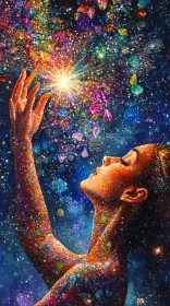 Ethereal Woman in Galaxy with Radiant Light